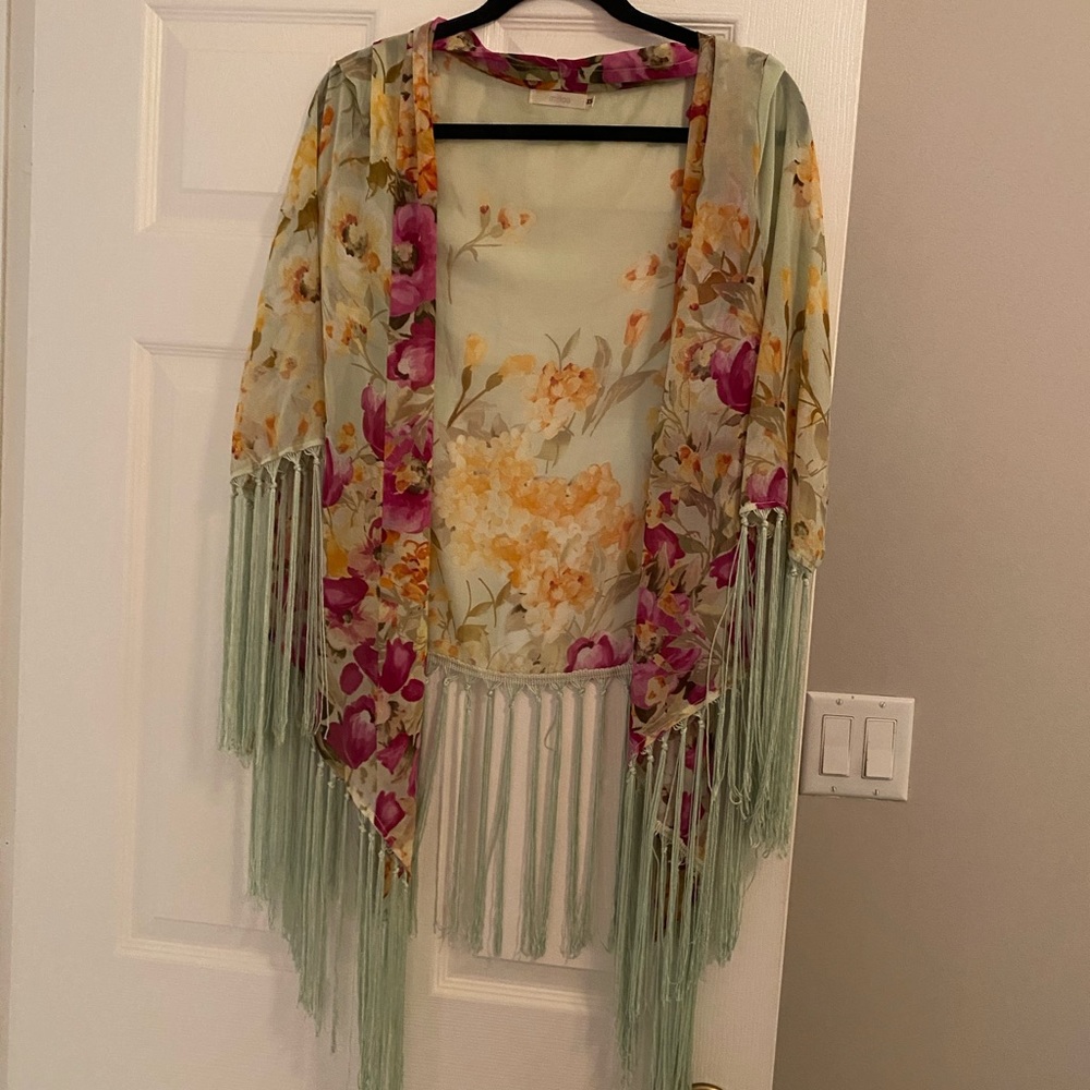 LF Flounce Sleeve Open Front Floral Print Kimono